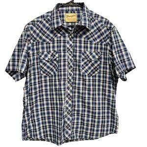 Wrangler Western Fashion Short Sleeve Plaid Pearl Snap Shirt Men's XL Blue Black